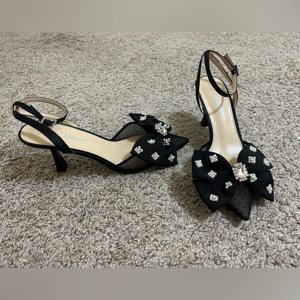 Betsey Johnson Mark Bow Stiletto Heel Pumps Mesh Rhinestone Ankle Strap Size 9.5